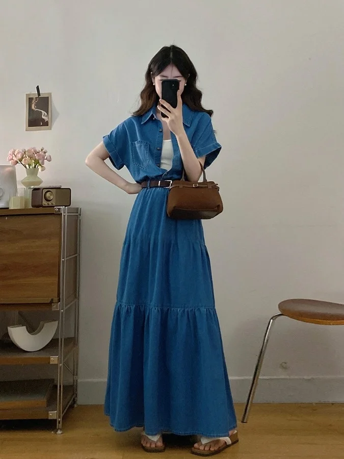 

plus Size Women's Retro Hong Kong Style Single Button Collar Denim Dress A-Line Skirt Waist Cinching Summer New Arrival