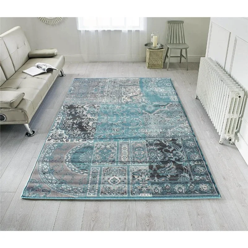 Teal Blue Traditional Moroccan Living Room Area Carpet Rug Grey Patchwork Oriental Hallway Bedroom Rugs Non Slip Washable Mat