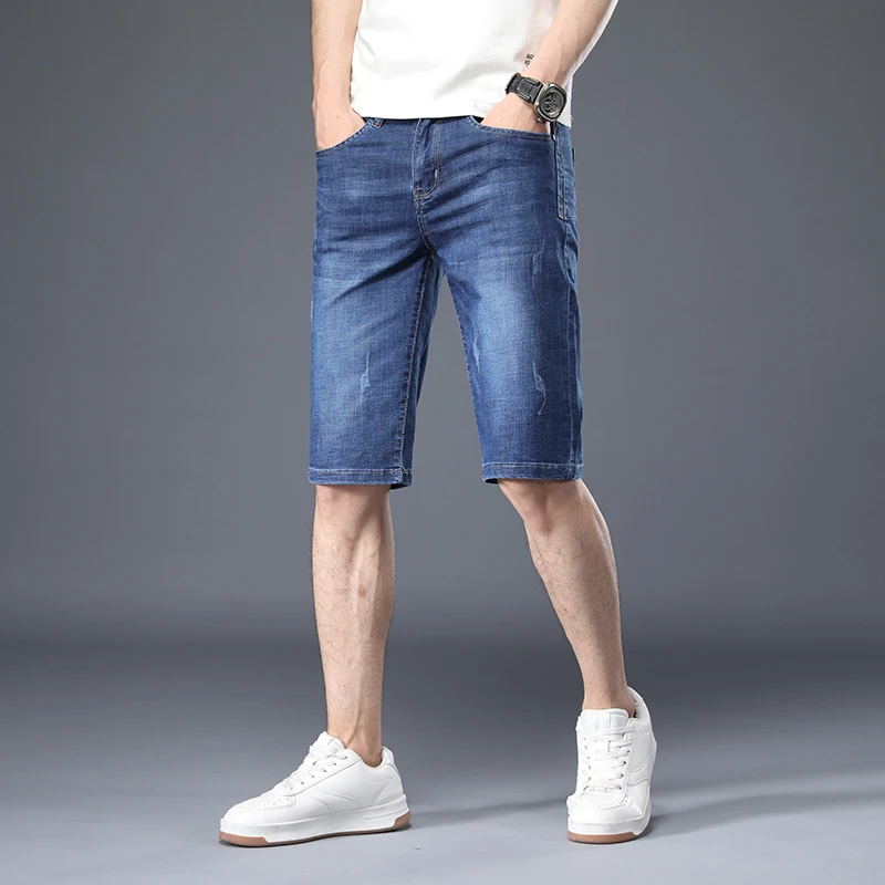 2024 New blue Denim Shorts for Men's Summer Thin Style New Loose Straight knee length pants Elastic short jeans for men clothing