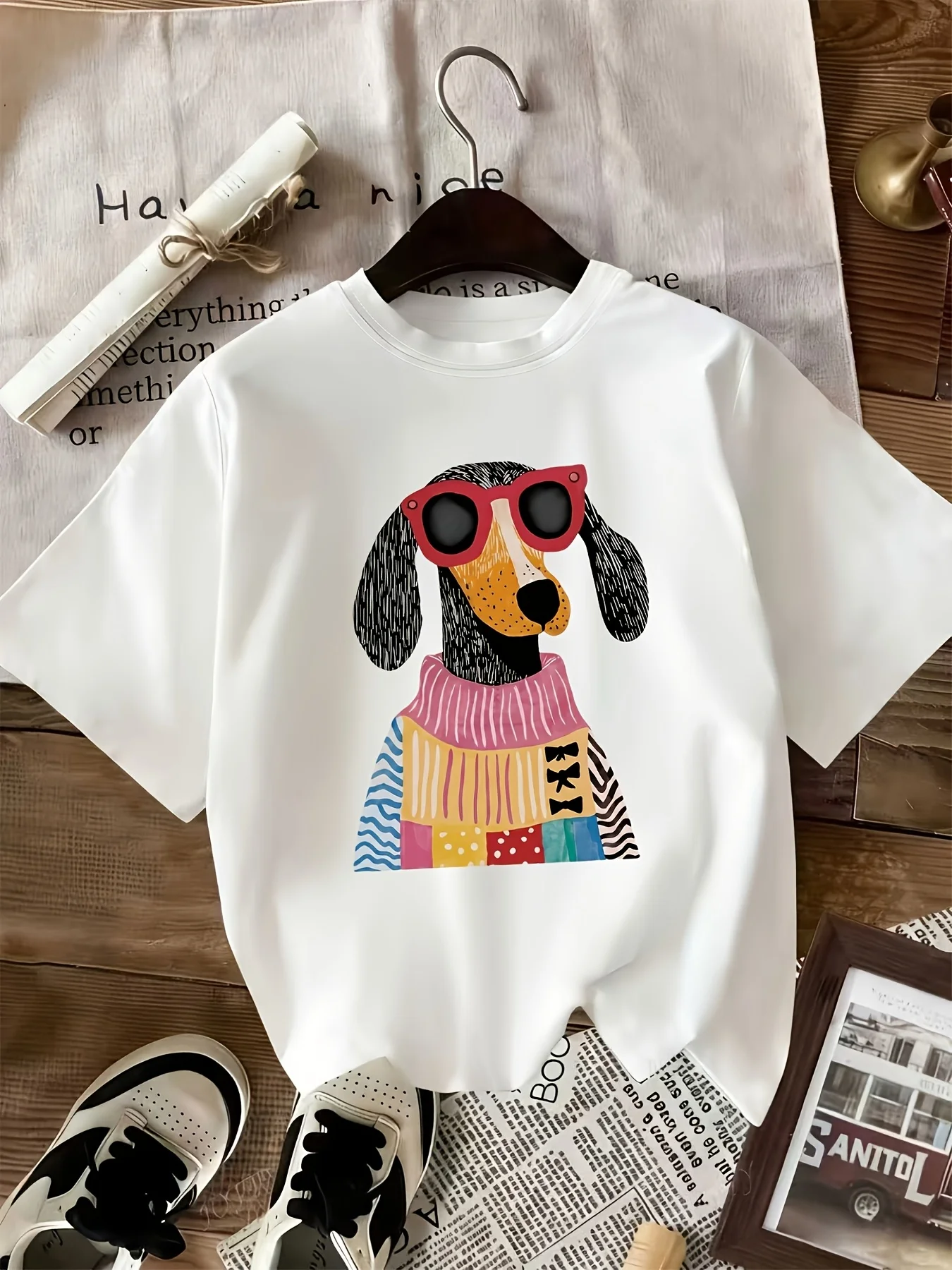 Women Crew Neck T-Shirt Cute Dachshund Dog Colorful Art Print Casual Short Sleeve White Tee