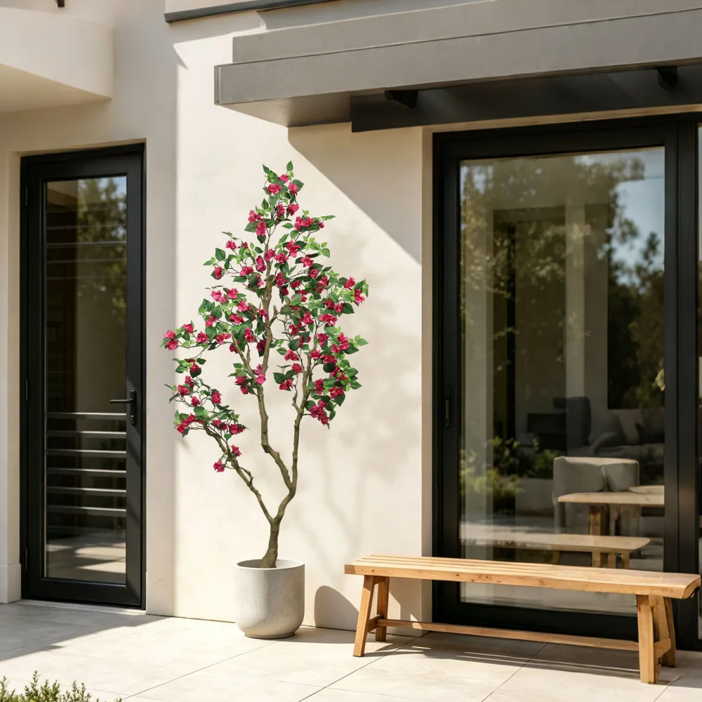 7FT Artificial Bougainvillea Tree with Realistic Rose Red Silk Flowers, Tall Faux Flowering Plant in Pot for Indoor Outdoor Home, Living Room, Patio Decor,1pc/set,with white basin, non-removable