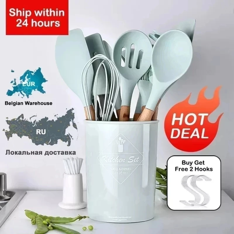 Silicone Kitchenware Cooking Utensils Set Heat Resistant Kitchen Non-Stick Cooking Utensils Baking Tools With Storage Box Tools