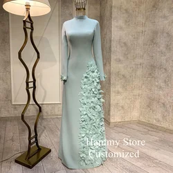 Mint Evening Dress Arab Wedding Party Gown Customized High Neck Full Sleeves Beading Flowers Floor Length Prom Dresses