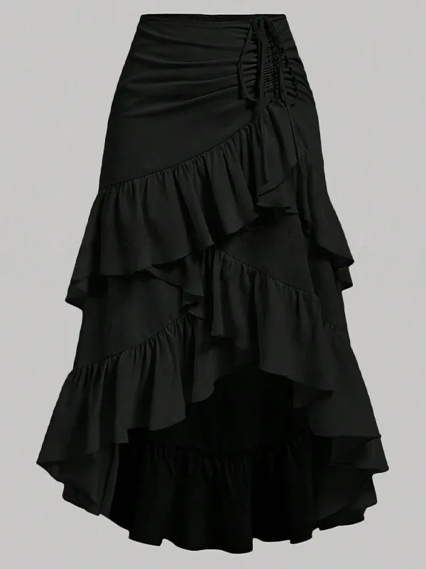 Ladies High Waist Ruffled  Patchwork Skirt Skin-friendly Breathable Polyester Blend Summer Collection Loose Fit Skirts