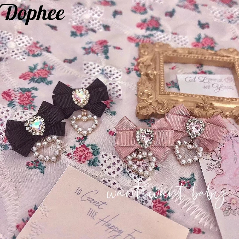 

Dophee Original Handwork Japan Style Lolita Rhinestone Bow Ear Pendants Pearl Love Sterling Silver Earrings Cute Women