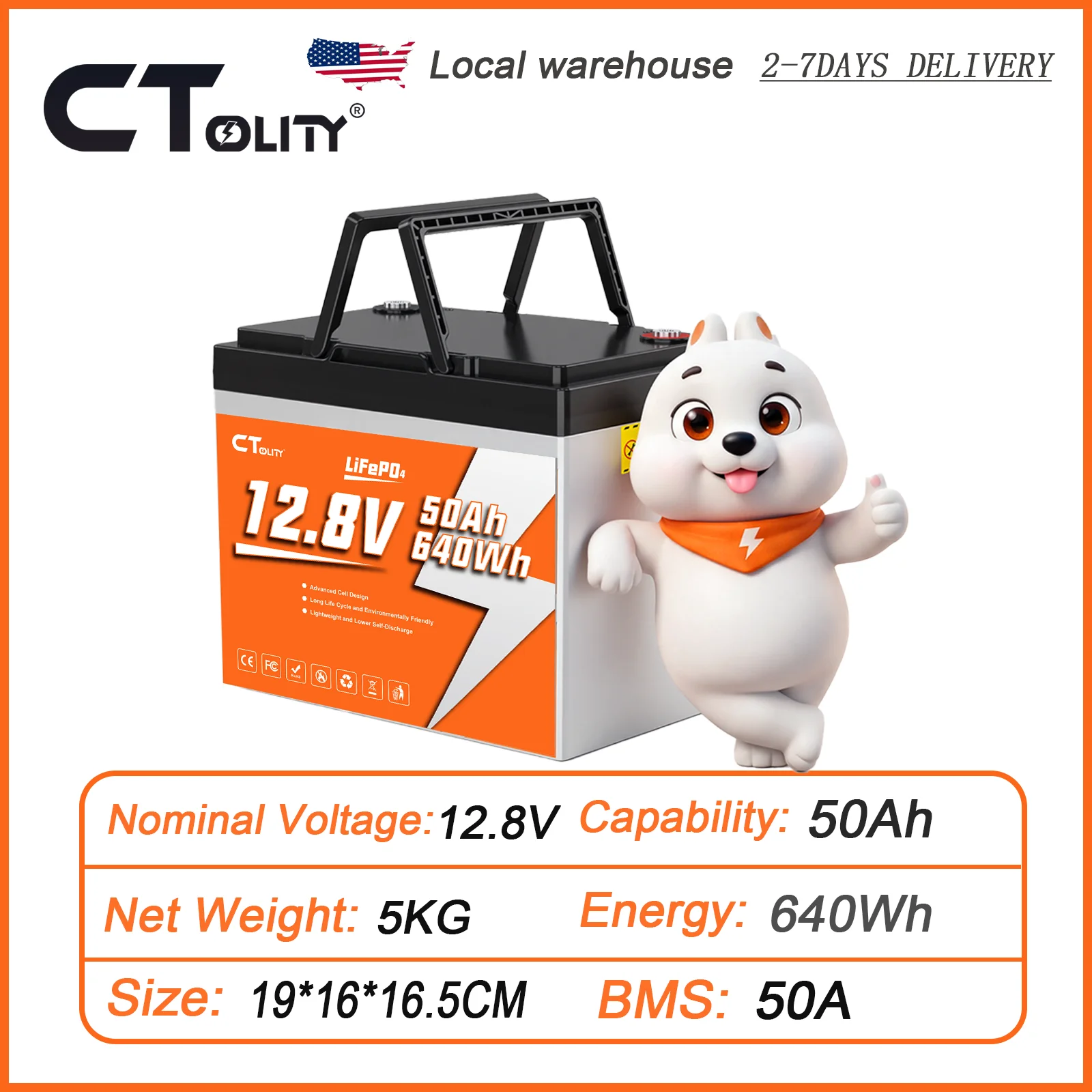 CTolity 12V 50Ah LiFePO4 Rechargeable Lithium Battery Deep Cycle Support in Series/Parallel Built-in BMS for Solar System Golf Cart Boat