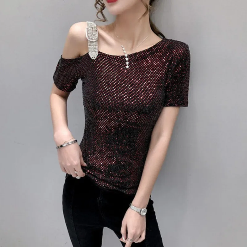 

2025 High Quality 90s Vintage Clothes Basic Women's Short Sleeve T-shirt Sequin Off Shoulder Top Female Summer Outfit Clearance