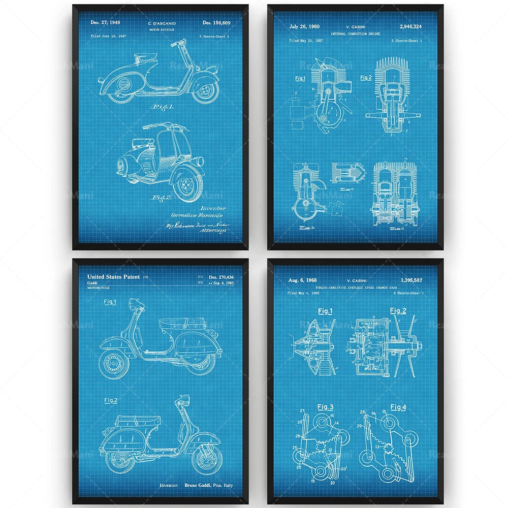 Vespa Scooter Patent Poster, Vespa Shift Gear 1968 Patent Print, Moped Wall Art Scooter Poster Blueprint Conversion Gift