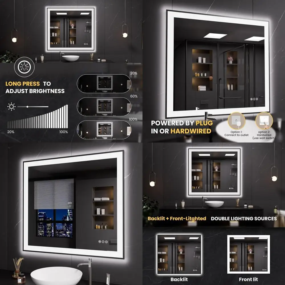 

Светодиодное зеркало для ванной комнаты в черной рамке 40x36 дюймов с защитой от запотевания, регулируемой яркостью и закаленным стеклом