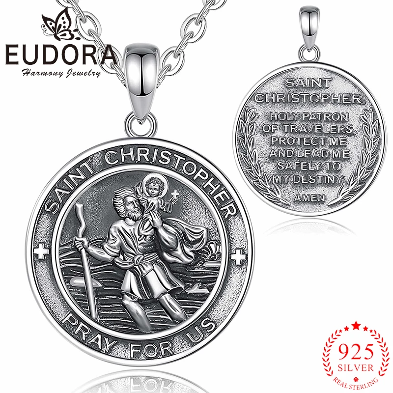 Eudora 925 Sterling Silver St Christopher Necklace Vintage Medallion Cross Pendant for Men Women Personality Religious Jewelry