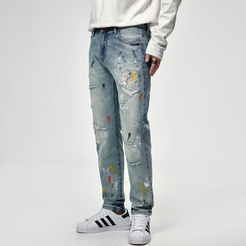 High-end tide brand street graffiti men's jeans personalized patch patch embroidery Slim small straight leg pants men's pants