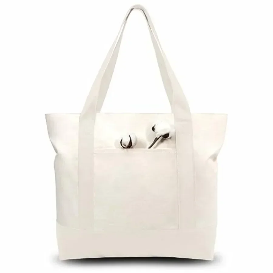 

Pack Canvas Tote Bags with an External Pocket, Reusable Grocery Shopping Bags, Top Zipper Closure, Daily Essentials