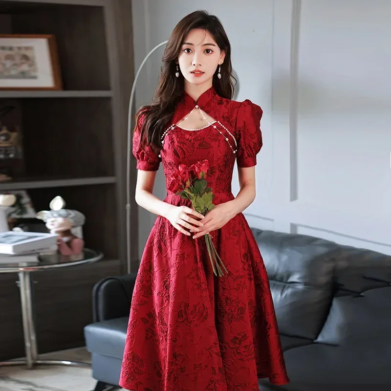 Improved Chinese Style Dresses Women Toast Bride Banquet Gown Lace Flower Cheongsam Vestidos Sexy Hollow Mandarin Collar Qipao