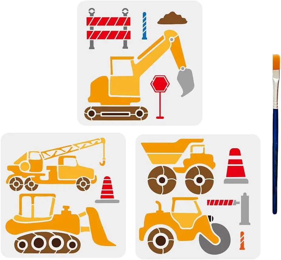 3pcs Construction Vehicle Stencils 11.8×11.8inch Large Traffic Crane Excavator Tractor Templates with Paint Brush Reusable