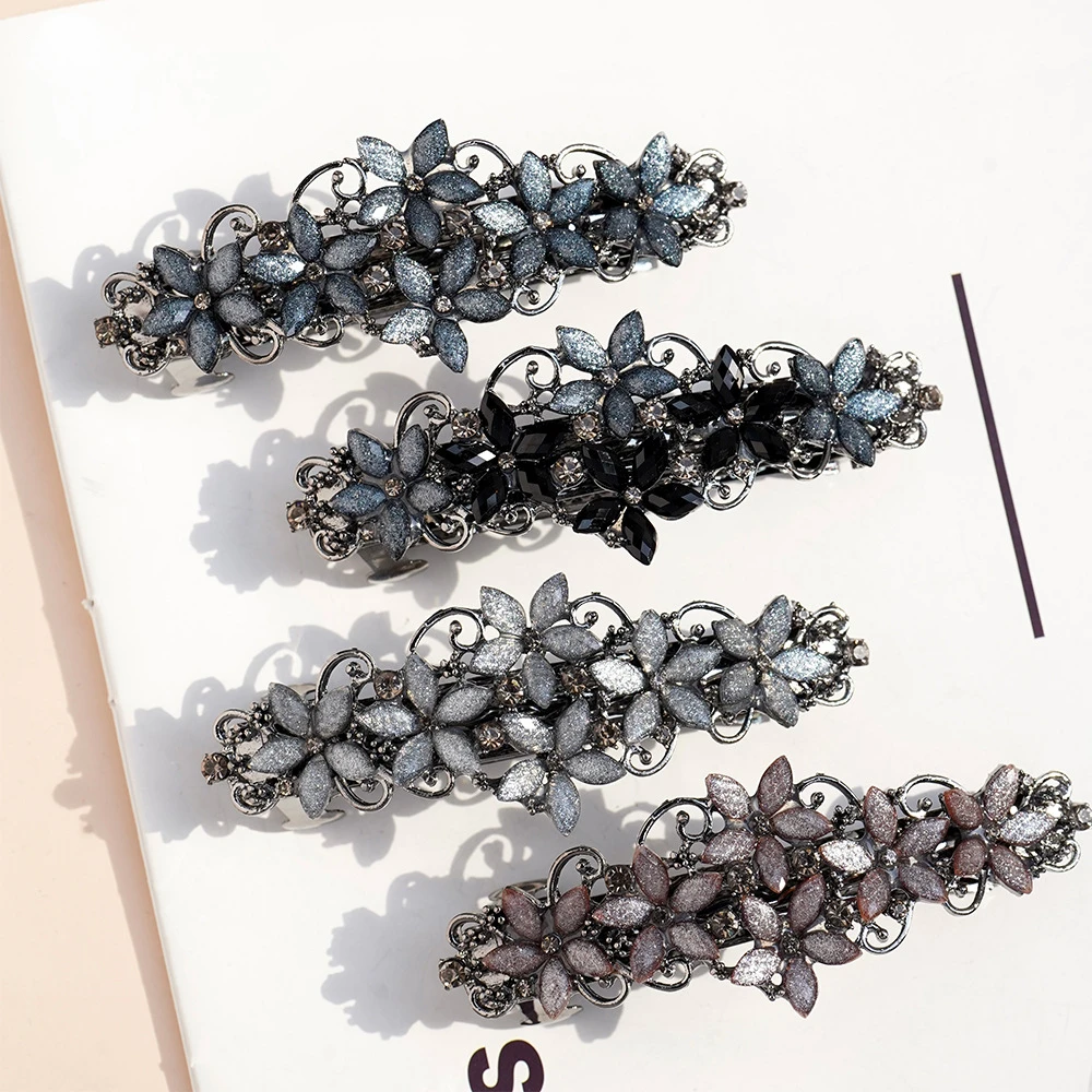 Elegant Rhinestone Spring Clip for Women\'s Spring New Korean Crystal Flower Ponytail Wild Retro Hair Accessory