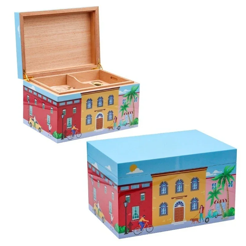 Cedar wood cigar box, double-layer piano paint, Hawaiian style, large-capacity humidification and moisturization