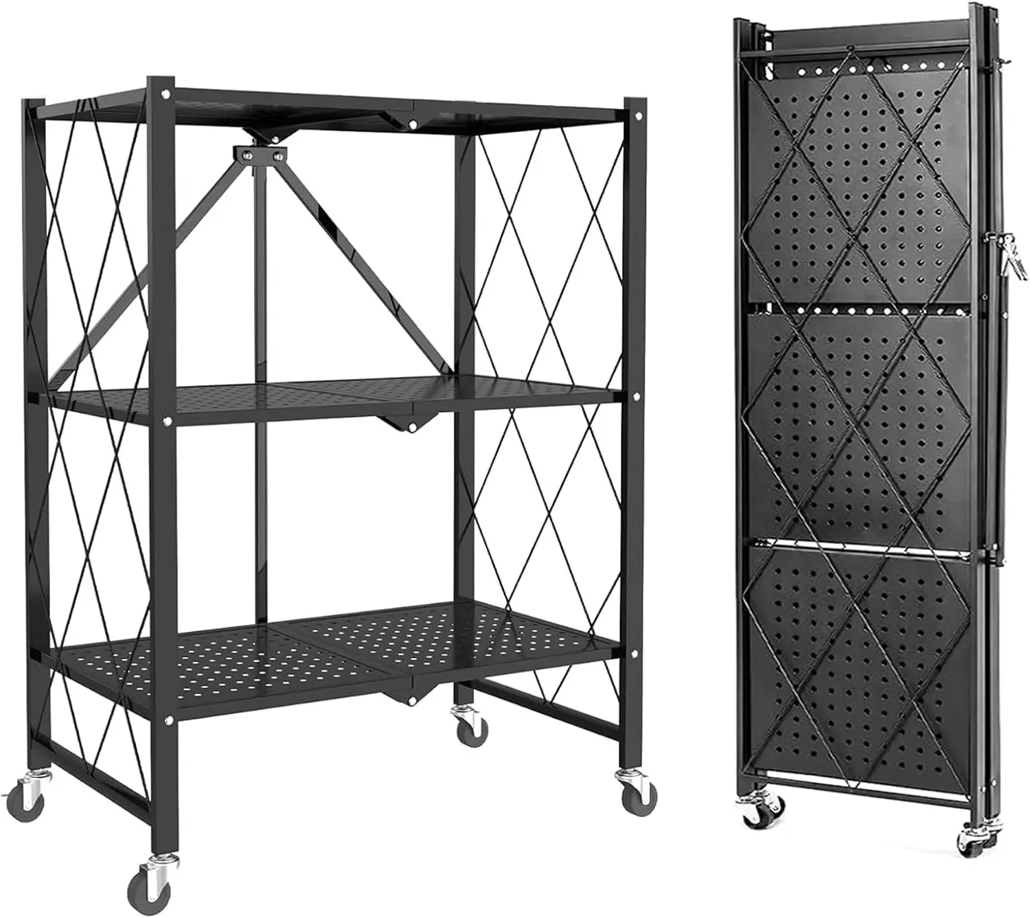 

3-Tier Foldable Duty Storage Shelves with Wheels 13.4" D X 28" W X 34" H, Freestanding Shelving No Assembly Required, for Kitche