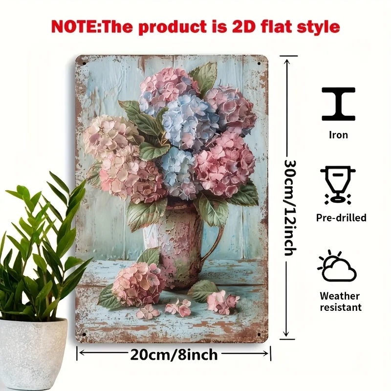 2D Flat, 2D Flat H Hydrangea Metal Tin Sign, 8x12inch Suitable for Living Room, Garden, Spring Decoration and Floral Theme Home