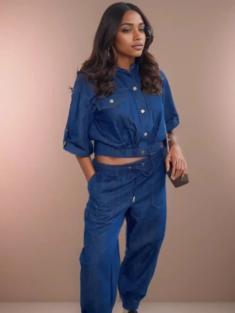 

2-Piece sets 2025 New Summer Women's Casual Fashion Simple Lapel Half-sleeved Waist Jackets Tops with Drawstring Pants Suit