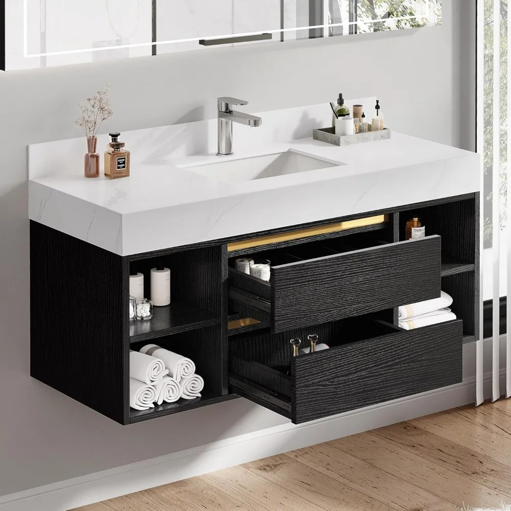 

48 Inch Bathroom Floating Vanity with Sintered Stone, Ceramic Sink, 2 Drawers & Shelves, Soft-Close Design, Wall Mounted Vanity