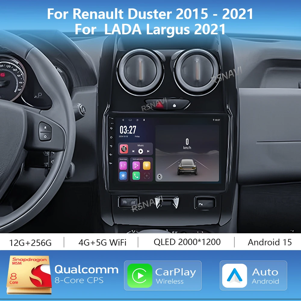 Rádio Automotivo Multimídia Android 16 Carplay para Renault Duster 2015-2021 e LADA Largus 2021 com Navegação, Vídeo, DVD e Autoradio Estéreo