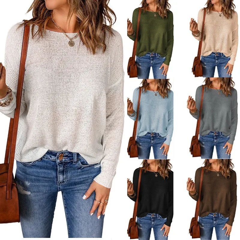 Women's Solid Color Long-Sleeved Knitted Sweater Autumn Winter New Sweater Top Women's Casual Loose O-Neck Pullover Sweater