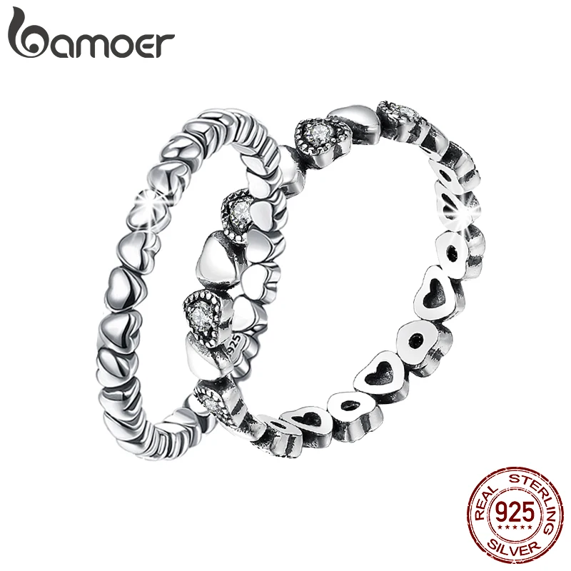 BAMOER Genuine 925 Sterling Silver Stackable Ring Heart Black CZ Finger Rings for Women Wedding Anniversary Jewelry Anel SCR140