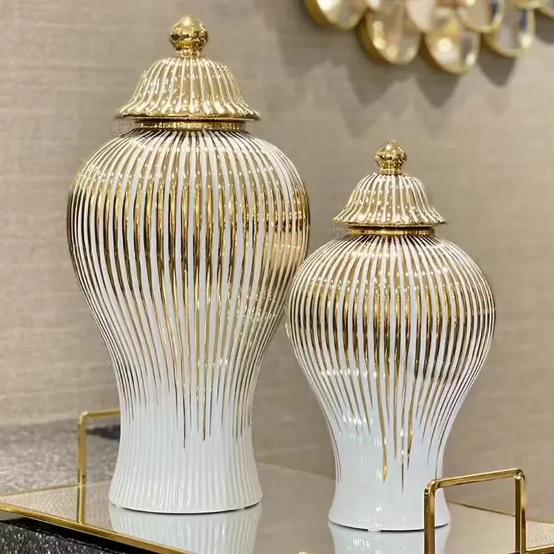 Luxury Modern Gold-Plated Handmade Ceramic Vase Storage Jar Tabletop Decorative Porcelain Flower Pots Home Living Room