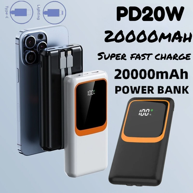 

Встроенный кабель Power Bank большой емкости 20000 мАч, 10000 мАч, 22,5 Вт, USB C, внешняя запасная батарея с быстрой зарядкой для iPhone 14 Xiaomi