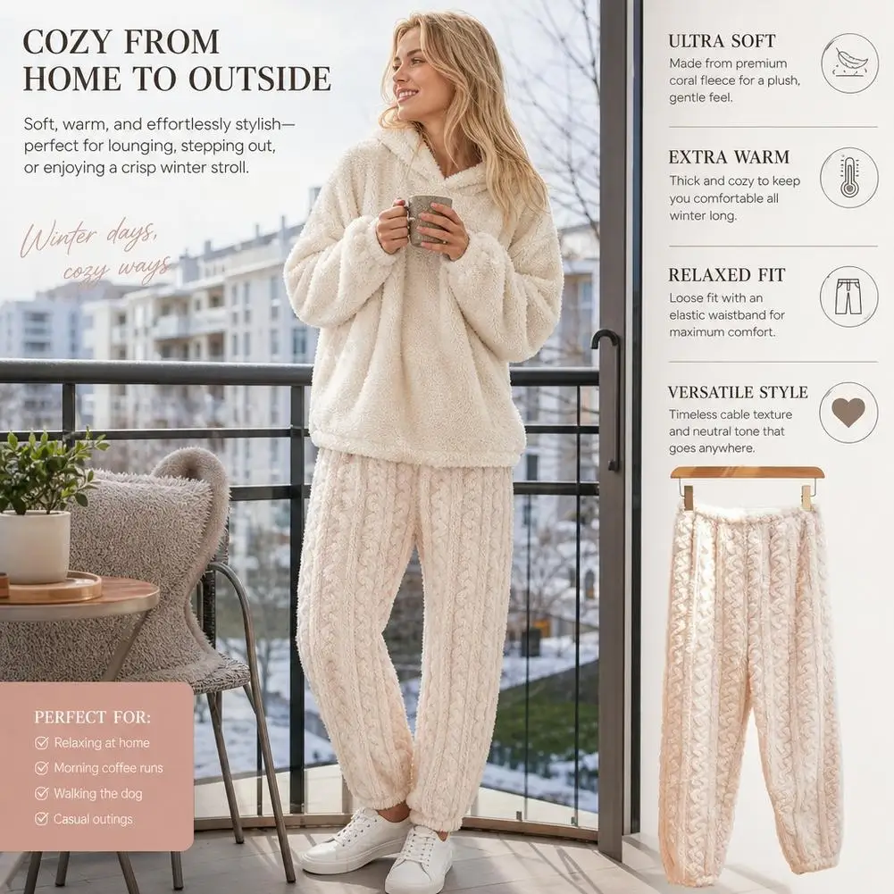 Women Cable Knit Lounge Pants Thermal Plush Sleep Trousers Soft Elastic Cuff Pajama Pants Winter Warm Loose Home Trousers