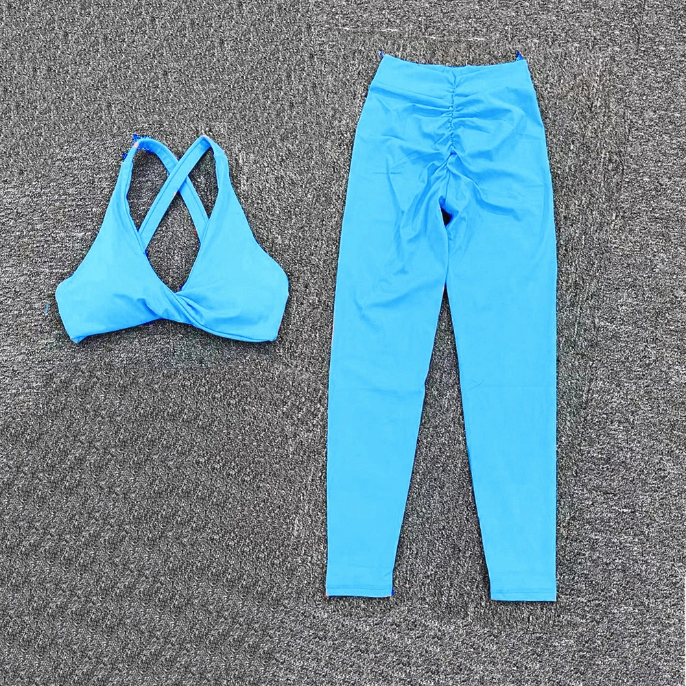 2 pezzi Pad Twist Reggiseno Crop Top Donna Palestra Yoga Set Sport Gym Scrunch V Back Leggings fitness Allenamento Pantalone Tute attive XP310