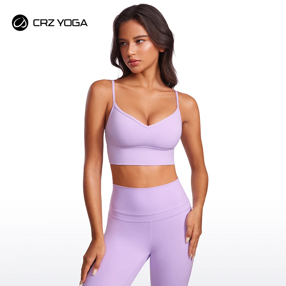 

CRZ YOGA Womens Butterluxe V Neck Longline Sports Bra - Adjustable Spaghetti Strap Yoga Bra Camisole Padded Crop Top