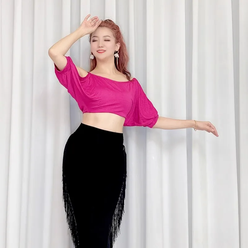 Customized Belly Dance Costumes Practice Dress Sexy Bat Sleeve Top Mid Sleeve Versatile Modal High Waist Tassel Pants