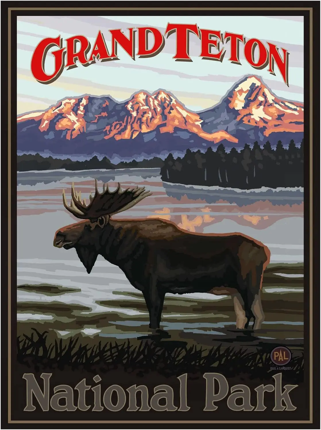 Grand Teton National Park Moose In Lake Giclee tin sign Art Print Poster from Travel Artwork by Artist Paul A. Lanquist 9 x 12