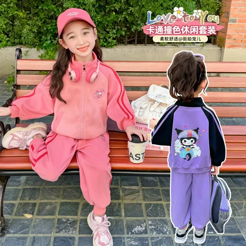 

Anime Sanrio Cartoon Kuromi Print Clothing Sets for Children Girls Jacket + Long Pants Two Piece Set Autumn Kids Birthday Gifts