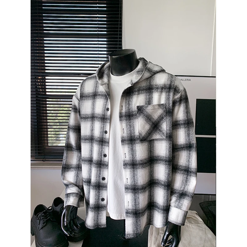 Spring and Autumn New Black and White Checkered Casual Shirt Long Sleeve Hooded Men's Jacket Single breasted with Pocket