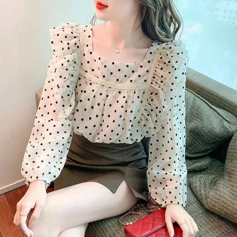 

Sweet Ruffles Square Collar Printed Polka Dot Oversized Chiffon Blouse Summer and Autumn Casual Tops Commute Women's Shirt