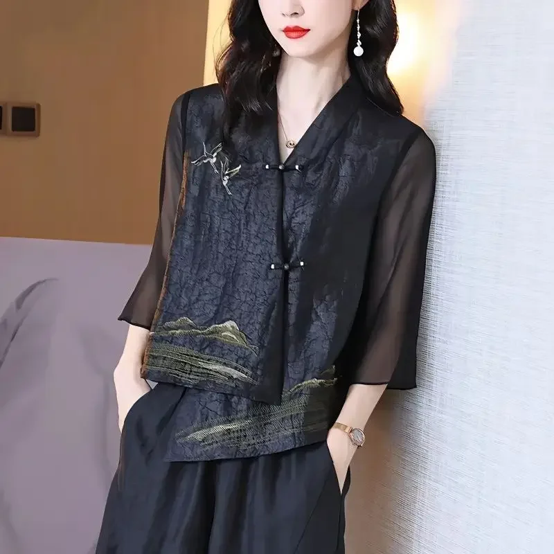 

Women Silk Vintage Embroidered Asymmetrical Blouses Spring Summer Elegant Chinese Style Design Cardigan Shirts Blusa