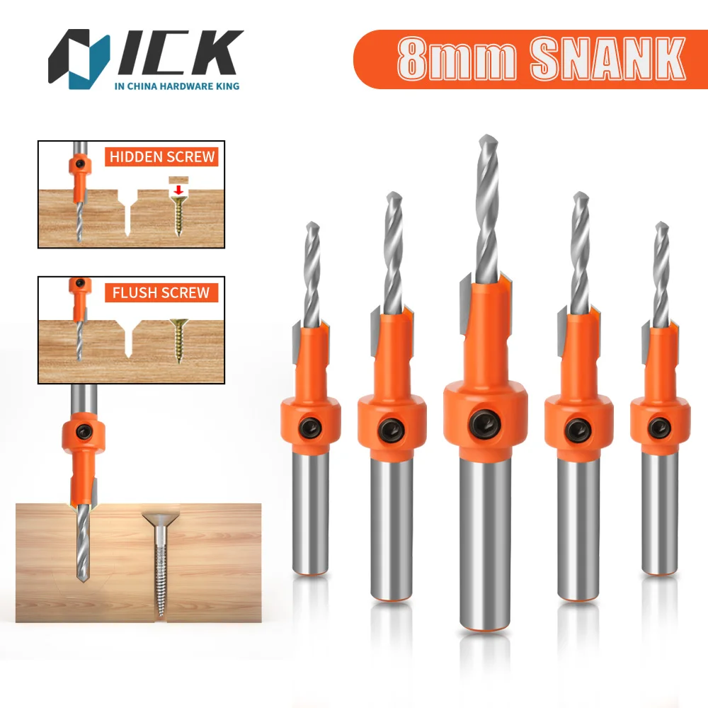 

5/1Pcs 8mm Shank High Quali HSS Woodworking Countersink Router Bit Set Screw Extractor Remon Demolition for Wood Milling Cutter