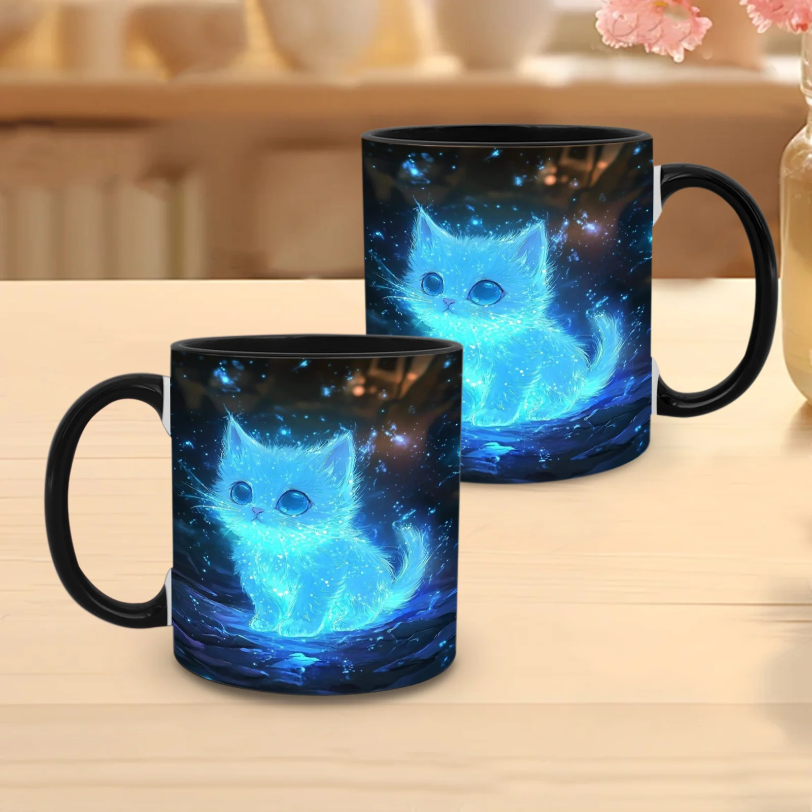 1pc Glowing Cat Mug with Light Up Kitten Night Sky Stars 11oz Neon Blue Glow in The Dark Ceramic Cup Double Layer Insulation Cut