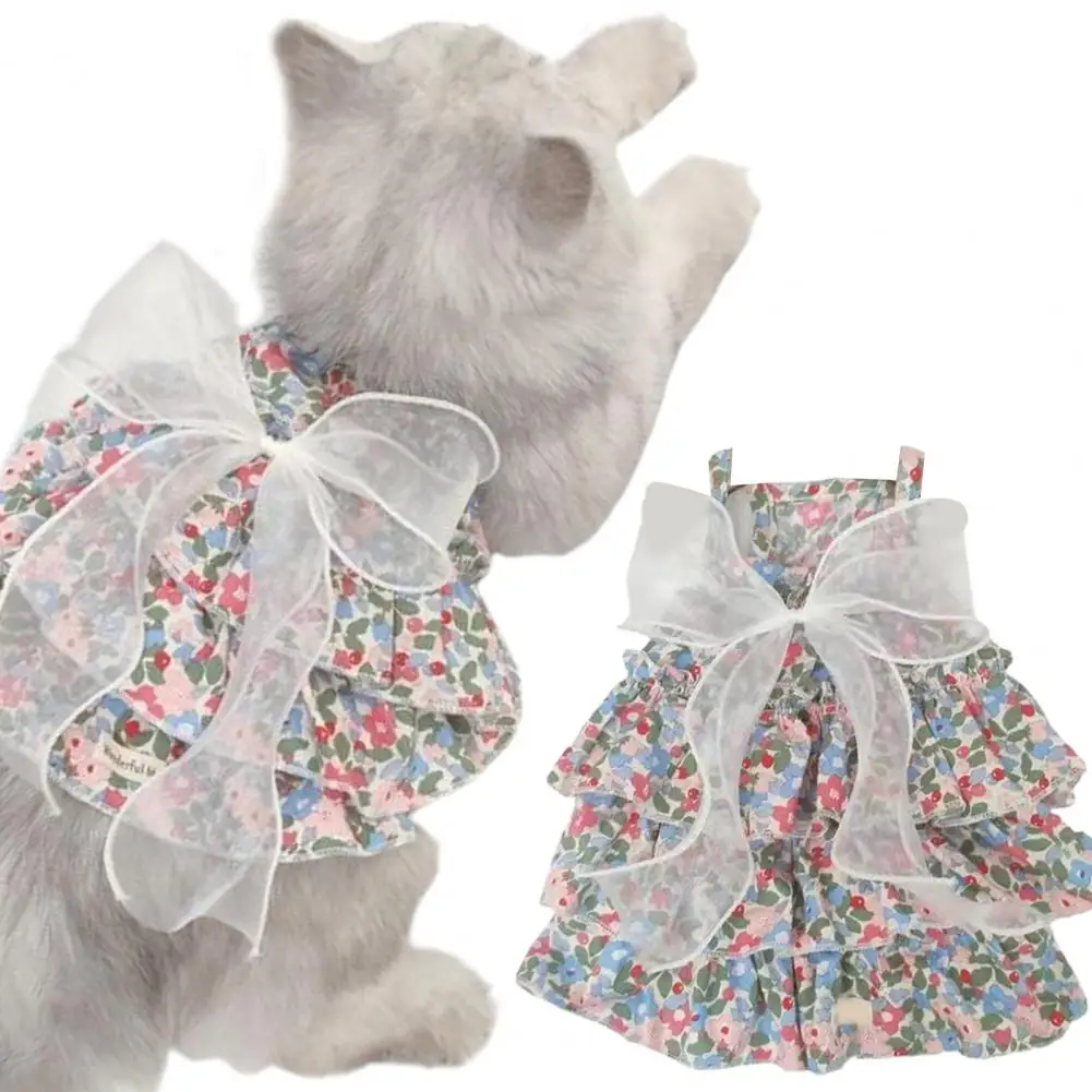 

Summer Dog Princess Dress，Cotton，Flower Pattern，Kitten Pet Skirt，Cute Printed Bow Lace Dog Dresses，for Small Puppies