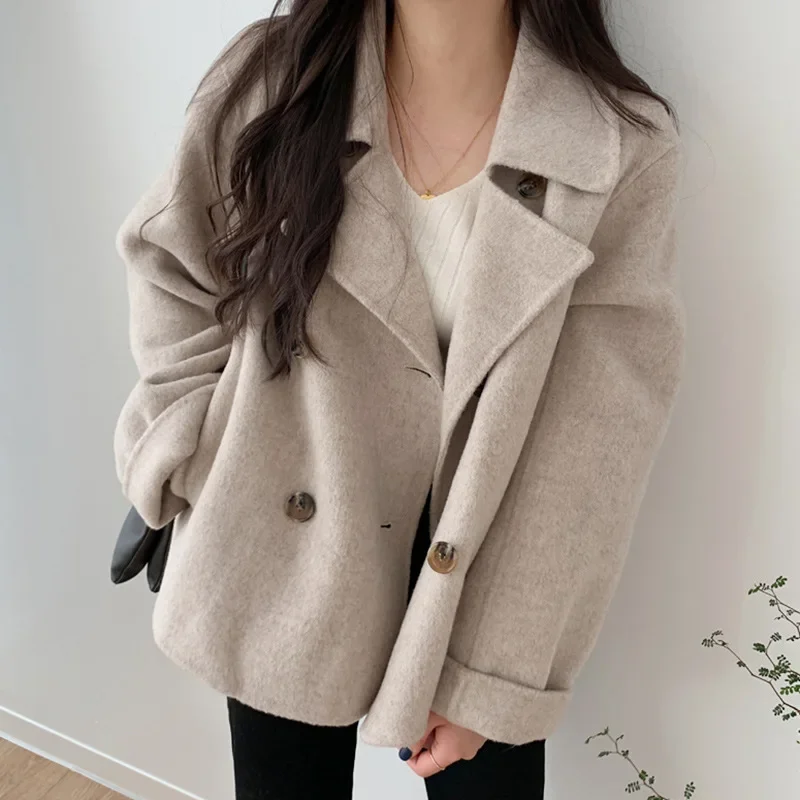 Plus Size Chic Korean Style Double Breasted Long Sleeve Woolen Coat Casual Versatile Autumn Winter French Elegant Lapel Outer...