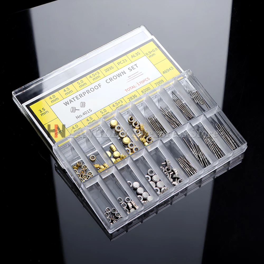 Watch Crowns Watch Stem Extender+Crowns Accessory Repair Replacement Tool Kit with Box Watch Extension for Watchmaker 170Pcs/Box