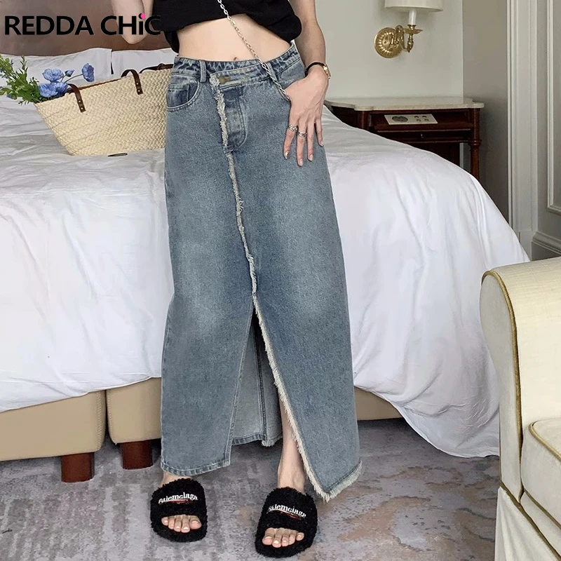 

ReddaChic Irregular Waist Women Denim Skirt with Slit Tall Girl Friendly Tassel Maxi Long Jean Skirt Stylish 90s Vintage Clothes