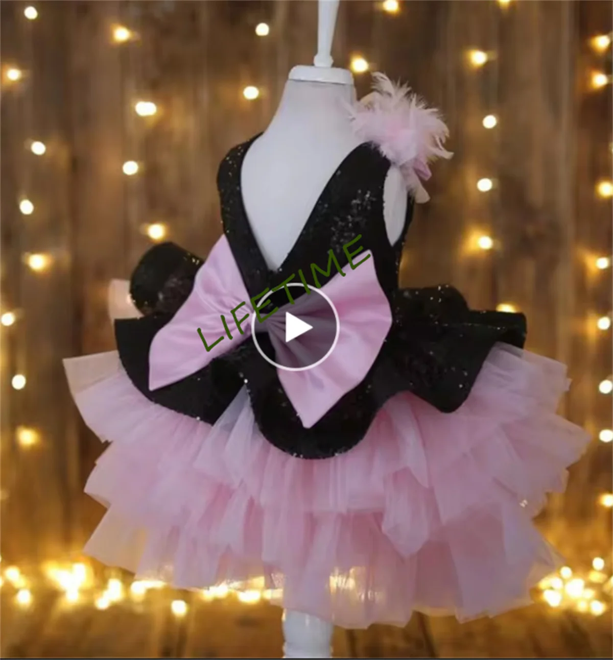 Vestido de lantejoulas pretas para bebês, comprimento do joelho, gola O, rosa, tule, ano novo, fotografia, criança, tamanho 12m, 24m