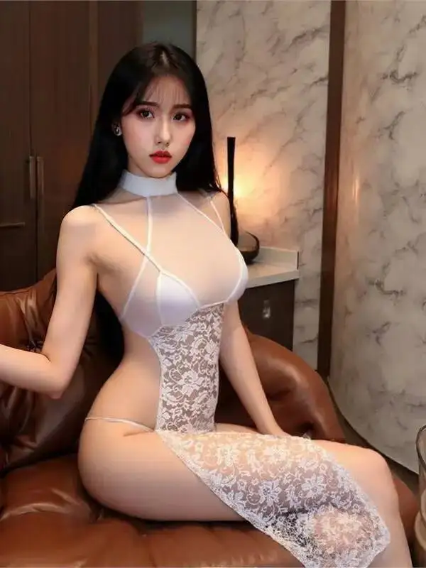 New Sweet Sexy Pure Desire Sexy Slim High Waist Split Lace Dress Solid Color Lace Mesh Transparent Dress For Women Charming 7FCV