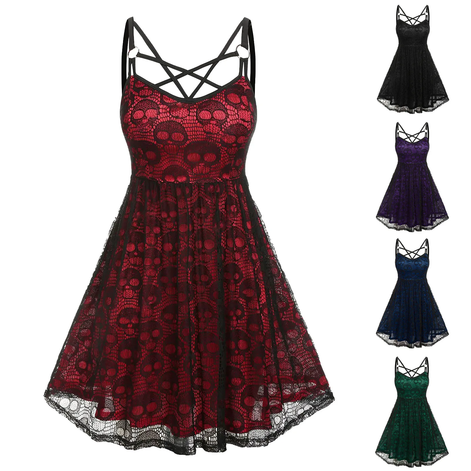 Women's Sleeveless Punk Dress Camisole Skull Print Lace Swing Dress Halloween Spaghetti Strap Steampunk Dress Goth Clothes