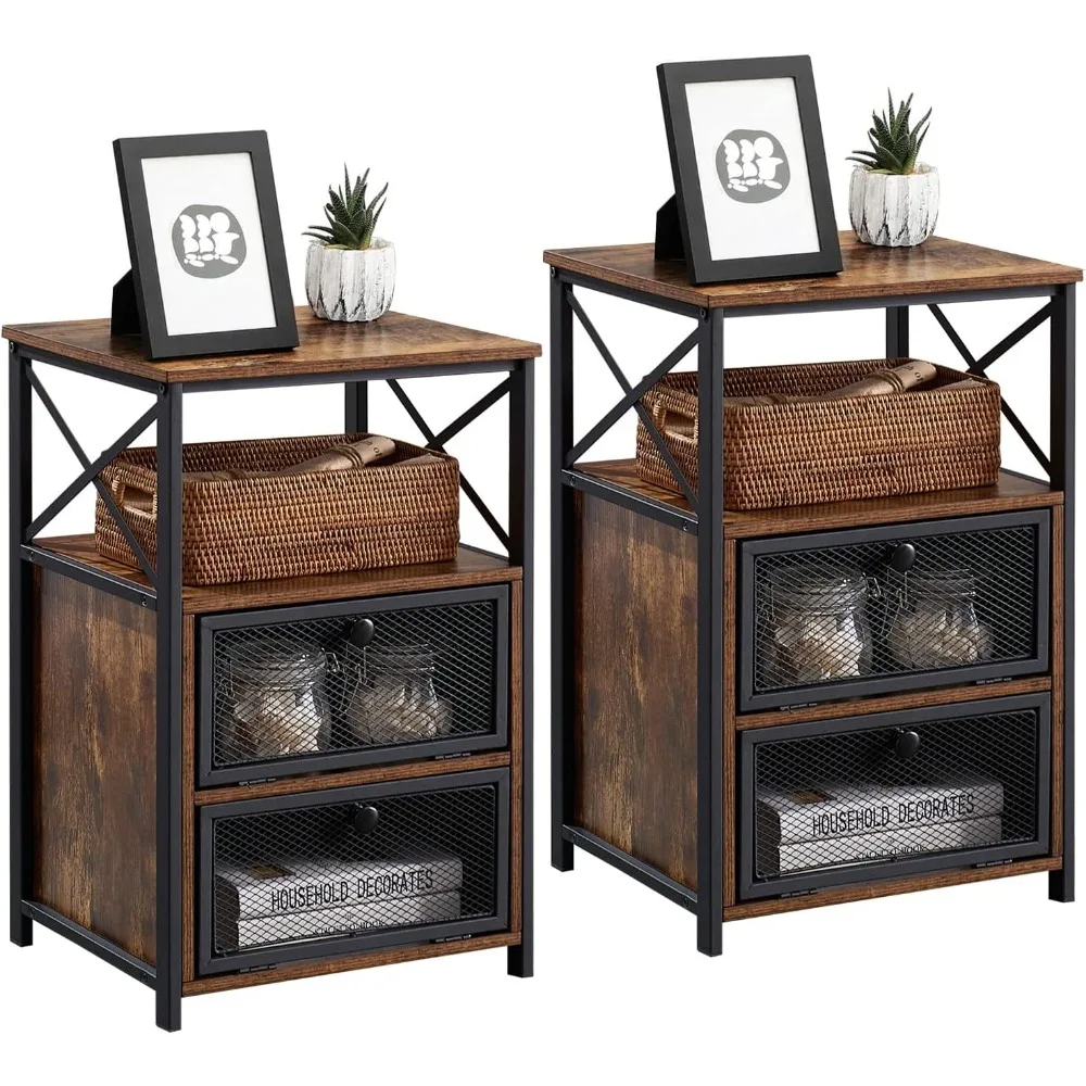 

VECELO End Table with flip Drawer and X-Design Side, Modern Style and studry Nightstand for Bedroom Office, Easy Assembly,Set of