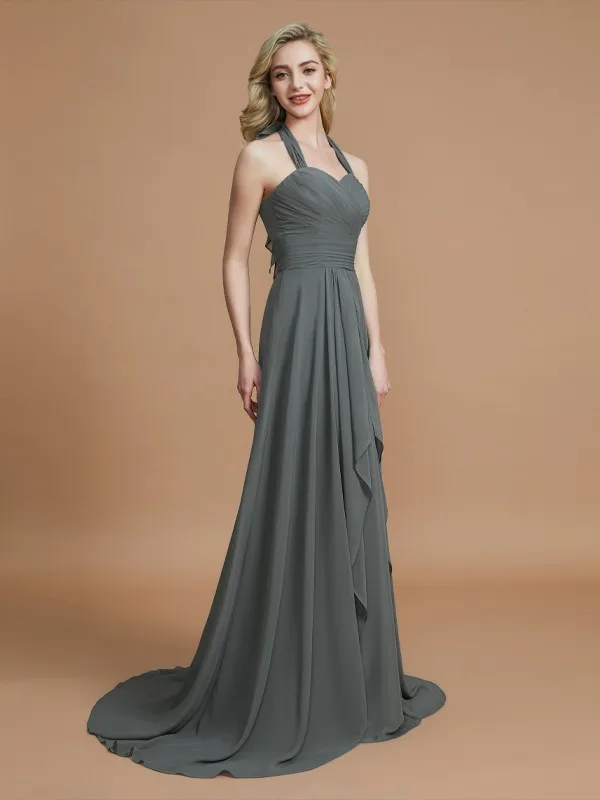 

Long Halter Chiffon Dark Gray Bridesmaid Dresses A-Line Sweetheart Pleats Watteau Train Open Back Wedding Guest Gowns for Women