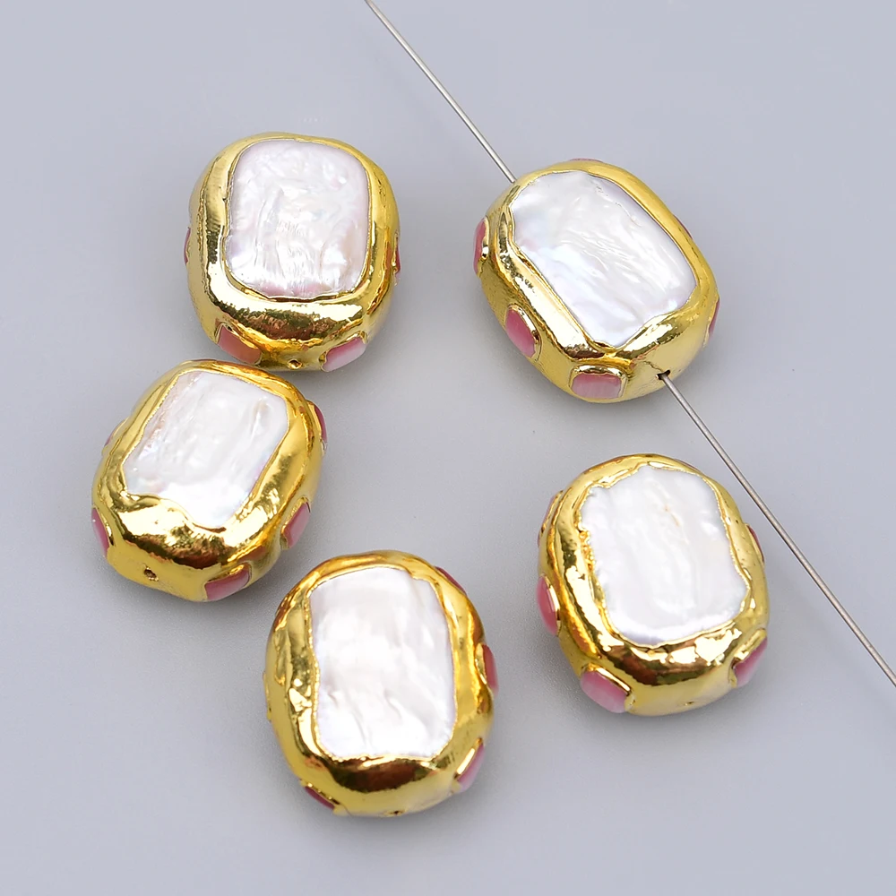 APDGG 5 Pcs 22x26mm Cultured White Pearl Pink Cat eye Paved Gold Edged Rectangle Spacer Beads For Jewelry Making DIY